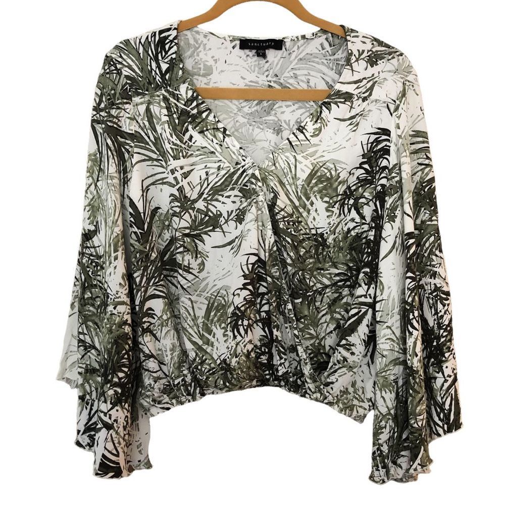 SANCTUARY Size Large Wrap Top Gilligan Tiki Palm Pattern Bell Sleeves 0046